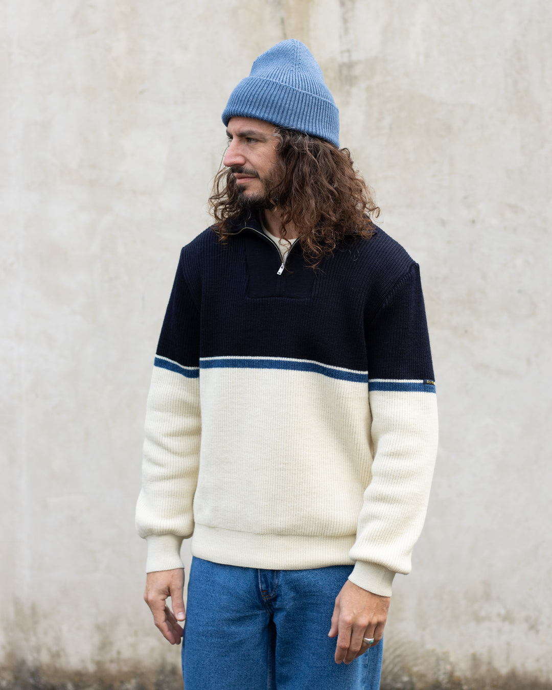 Pull Camionneur Écru/Bleu marine