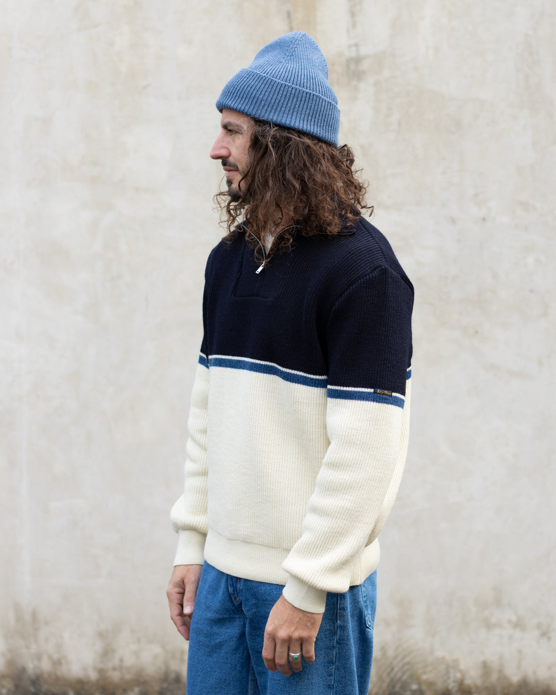 Pull Camionneur Écru/Bleu marine